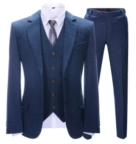 Men's Business 3 Pieces Formal  Royal Blue Herringbone Tweed Notch Lapel Suit (Blazer vest Pants)