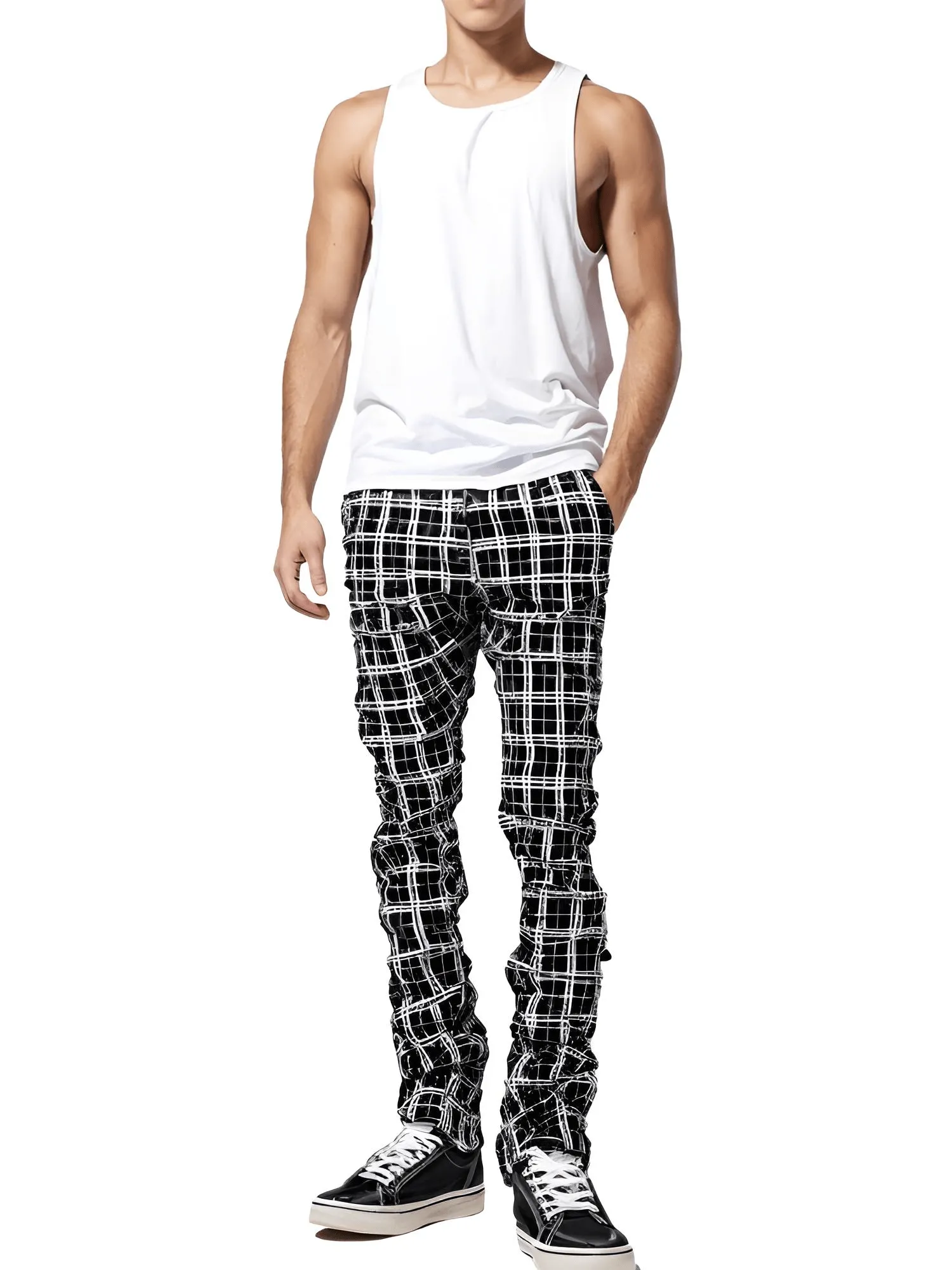 Men's Casual Plaid Pants High Stretch Straight Leg Trousers Slim Fit