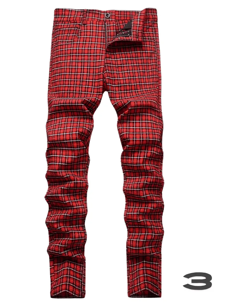 Men's Casual Plaid Pants High Stretch Straight Leg Trousers Slim Fit