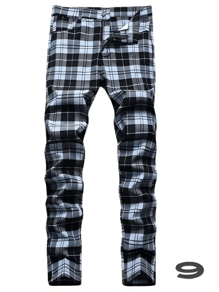 Men's Casual Plaid Pants High Stretch Straight Leg Trousers Slim Fit