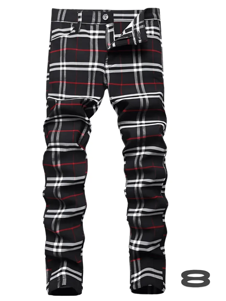 Men's Casual Plaid Pants High Stretch Straight Leg Trousers Slim Fit