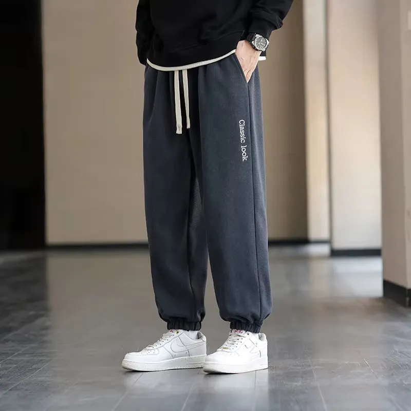 Mens Casual Solid Color Elastic High Waisted Pockets Letter Embroidered Sweatpants