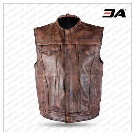 Men’s Distressed Brown Leather Premium Cowhide Vest