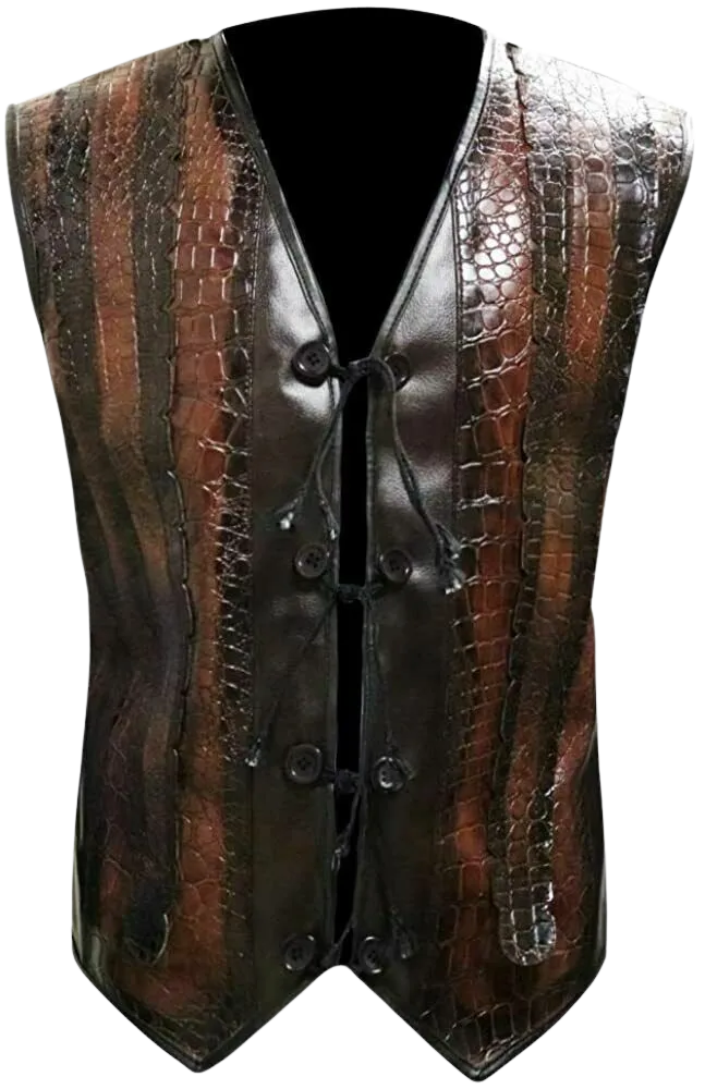 Men's Handmade Crocodile Pattern Dundee Mick Paul Hogan Brown Leather Vest Jacket | Vest for Men | Jacket for Men