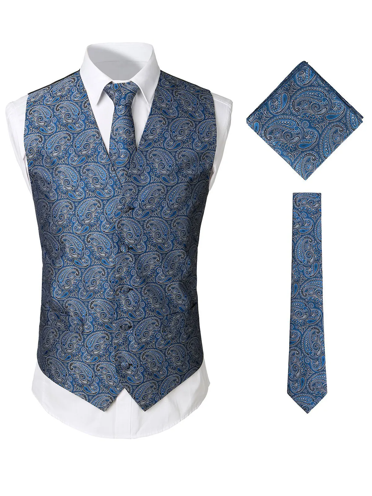 Men's Paisley Vest Necktie Square Pocket Handkerchief Set for Suit or Tuxedo