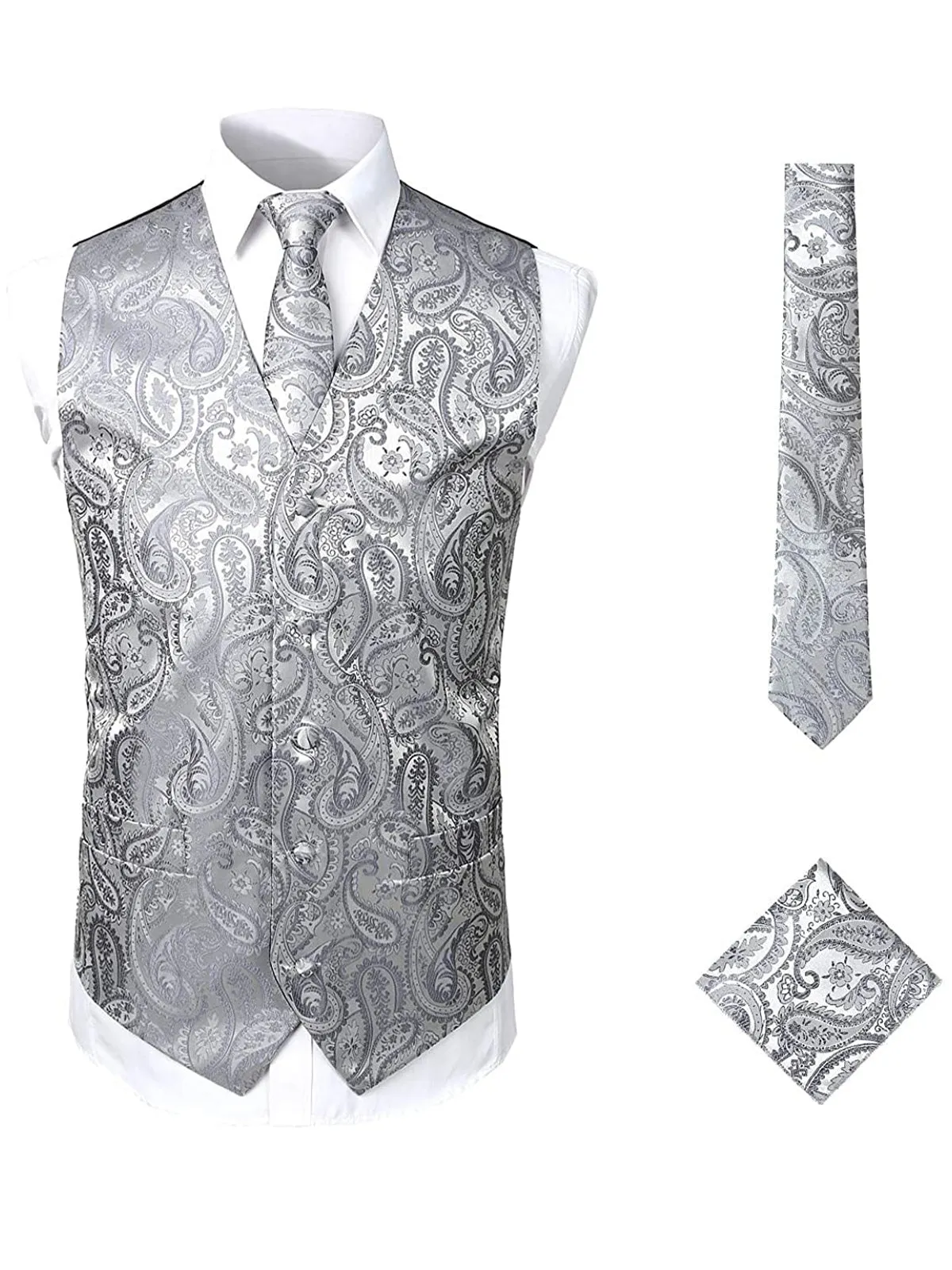 Men's Paisley Vest Necktie Square Pocket Handkerchief Set for Suit or Tuxedo