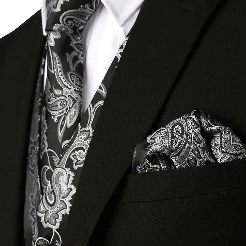 Men's Paisley Vest Necktie Square Pocket Handkerchief Set for Suit or Tuxedo