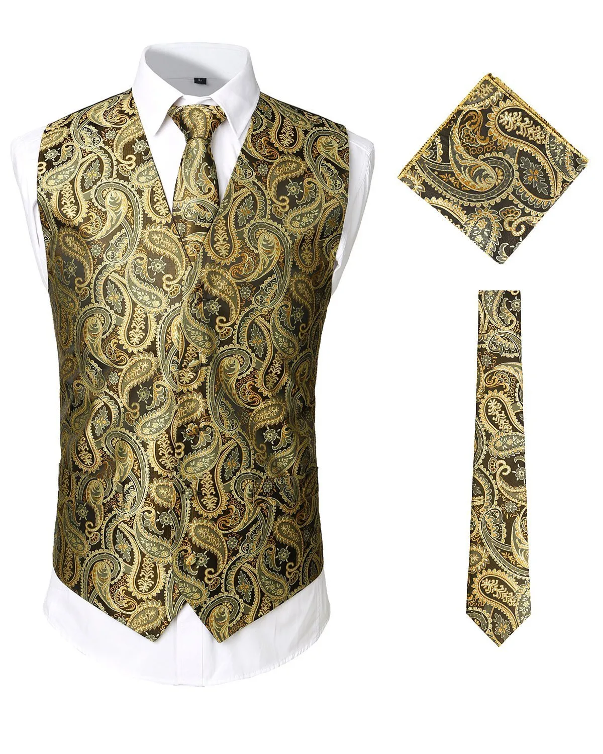 Men's Paisley Vest Necktie Square Pocket Handkerchief Set for Suit or Tuxedo