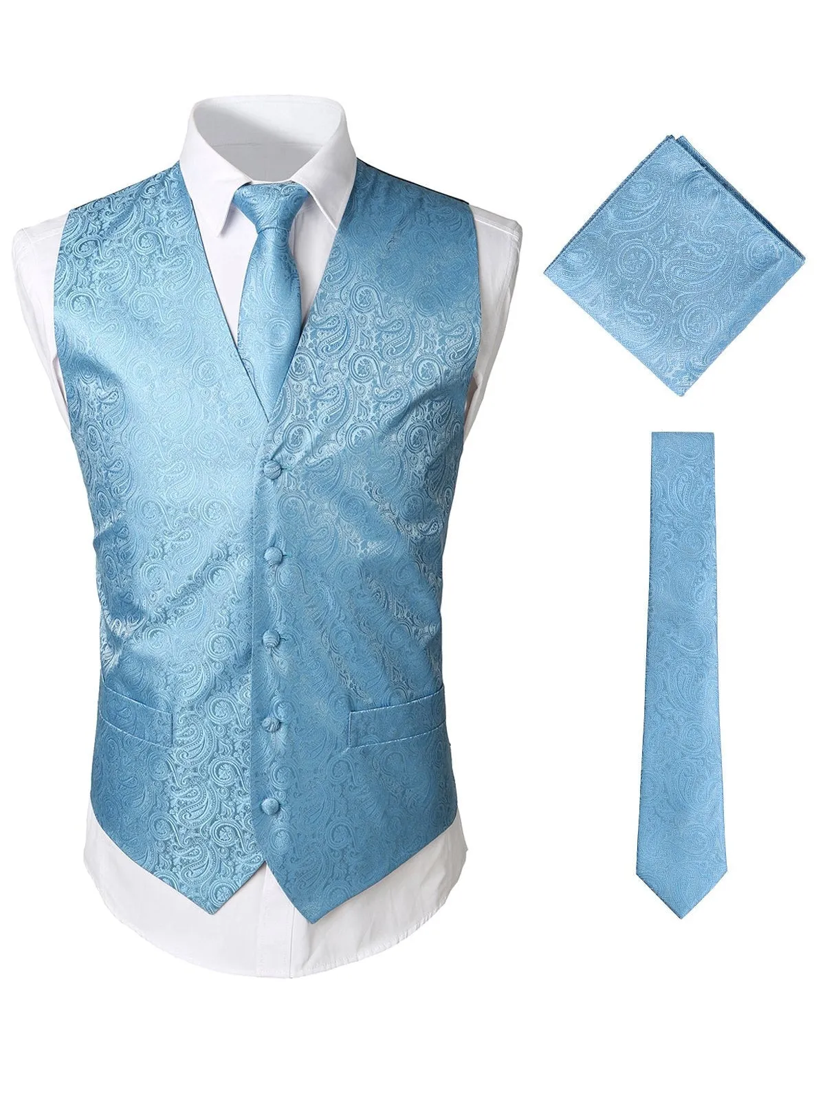 Men's Paisley Vest Necktie Square Pocket Handkerchief Set for Suit or Tuxedo