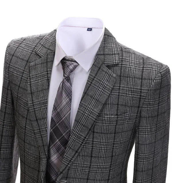 Mens Suit Business 2 Pieces Formal Dark Grey Plaid Notch Lapel Tuxedos (Blazer Pants)