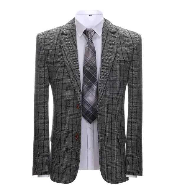 Mens Suit Business 2 Pieces Formal Dark Grey Plaid Notch Lapel Tuxedos (Blazer Pants)