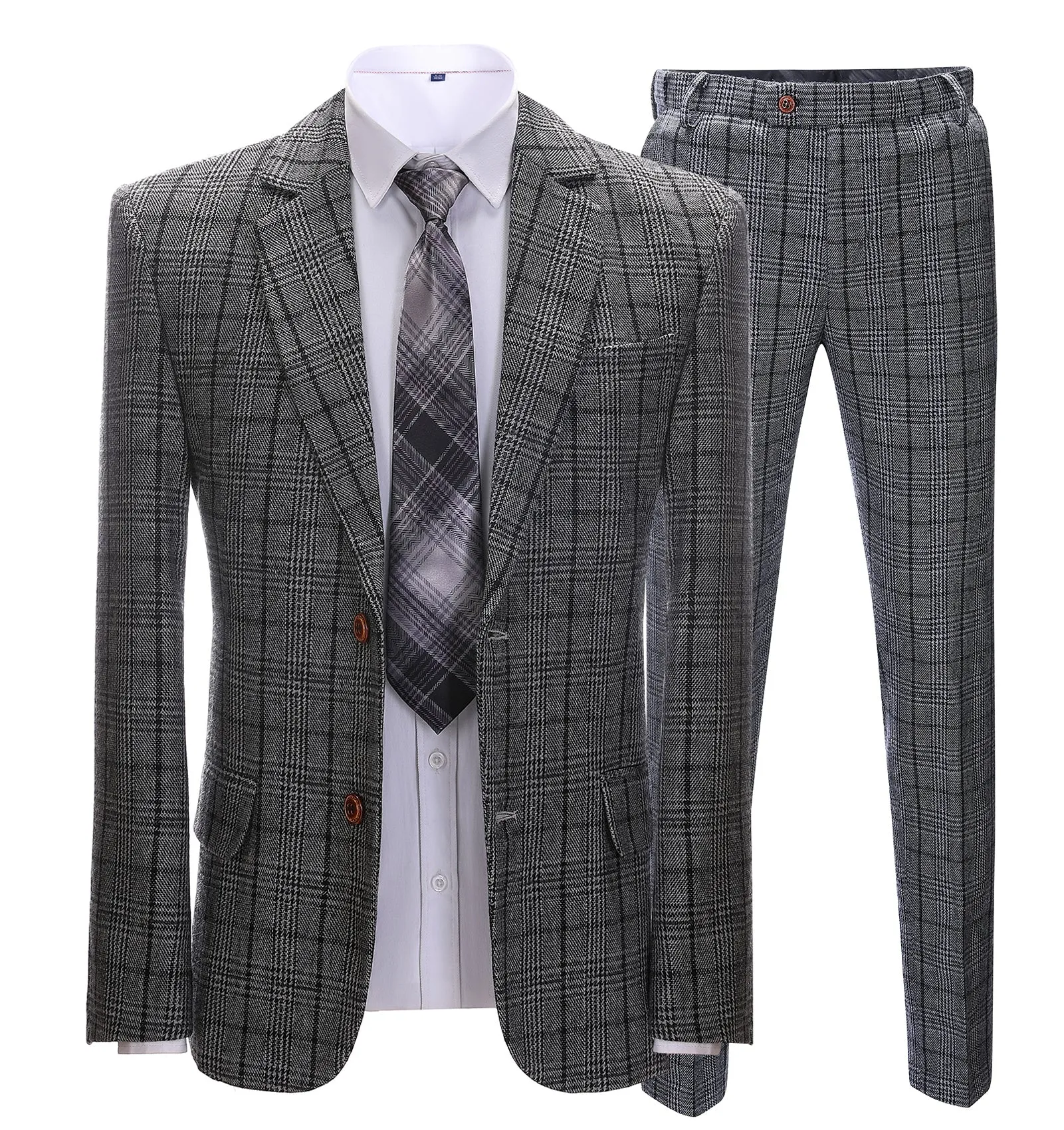 Mens Suit Business 2 Pieces Formal Dark Grey Plaid Notch Lapel Tuxedos (Blazer Pants)