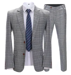 Mens Suit Formal 2 Pieces Business Grey Plaid White Line Notch Lapel Tuxedos for Wedding(Blazer Pants)