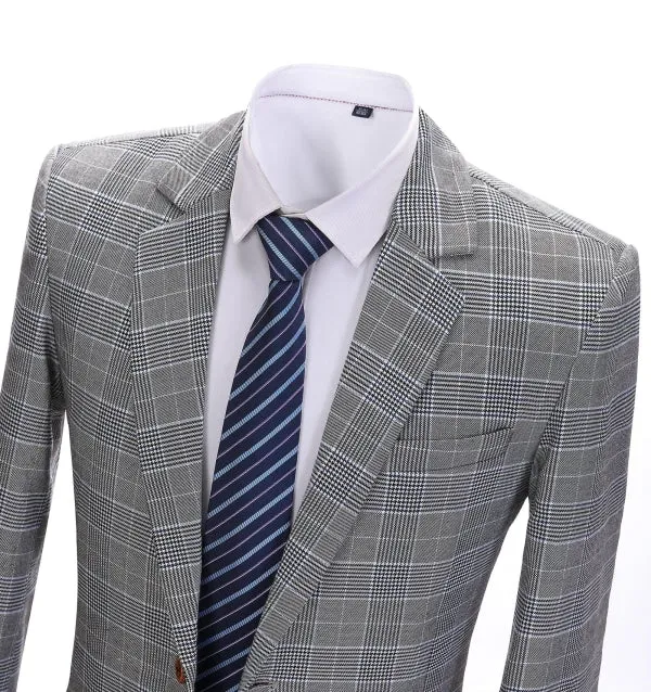 Mens Suit Formal 2 Pieces Business Grey Plaid White Line Notch Lapel Tuxedos for Wedding(Blazer Pants)