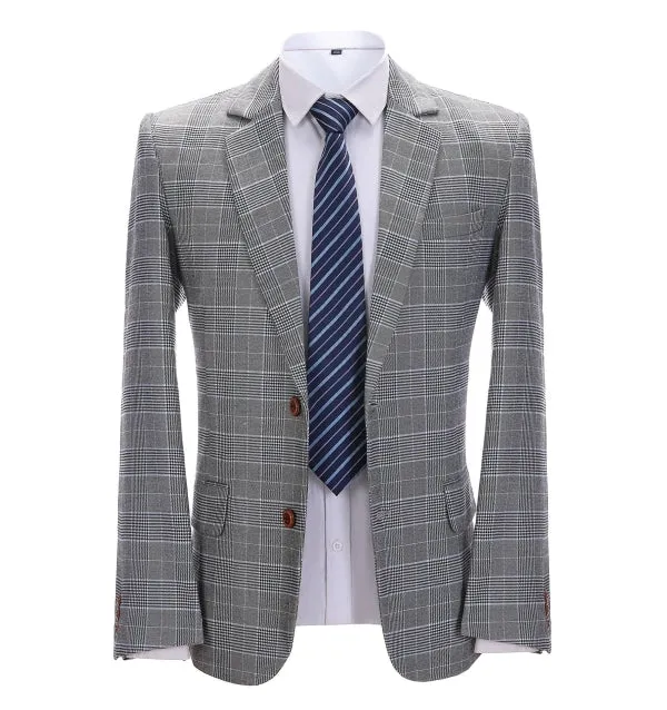 Mens Suit Formal 2 Pieces Business Grey Plaid White Line Notch Lapel Tuxedos for Wedding(Blazer Pants)