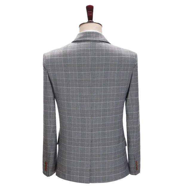 Mens Suit Formal 2 Pieces Business Grey Plaid White Line Notch Lapel Tuxedos for Wedding(Blazer Pants)