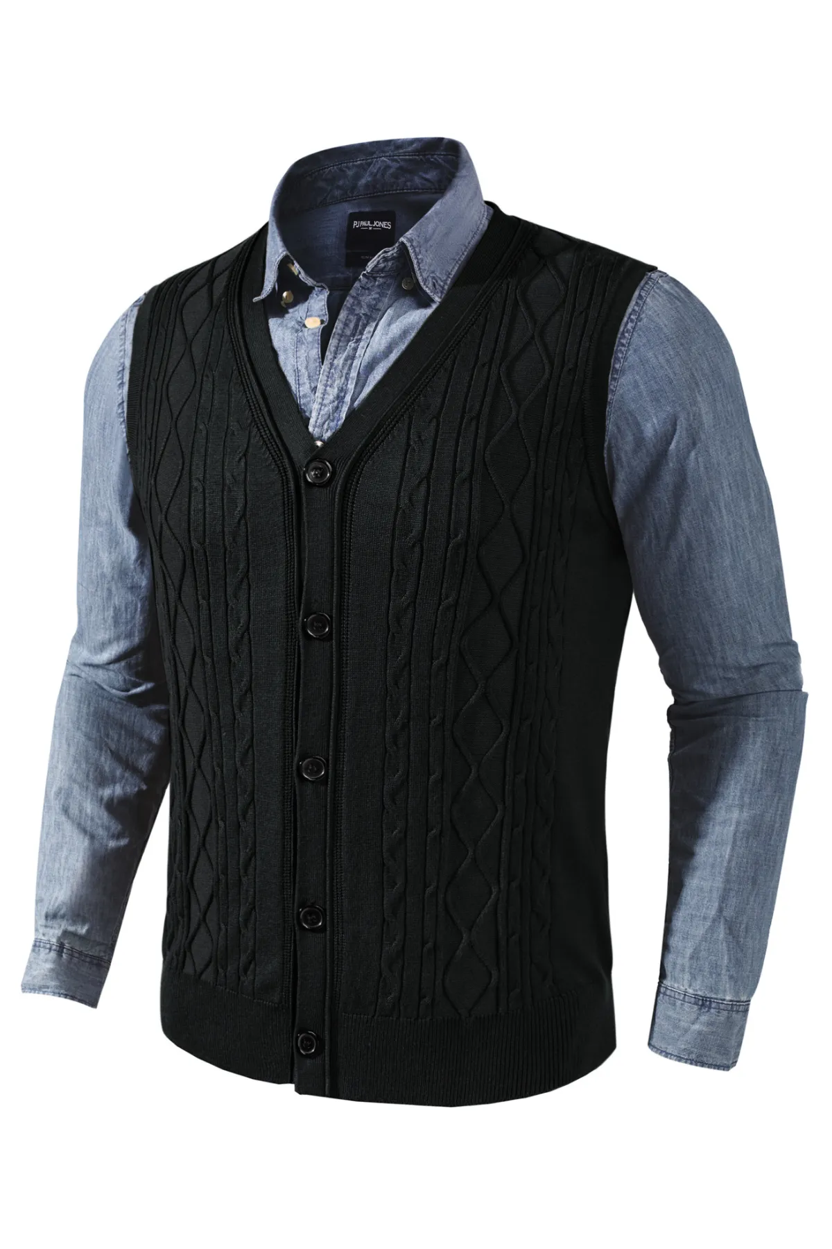 Mens V-Neck Sweater Vest Cable Knitted Button-Up Sleeveless Cardigan Vest