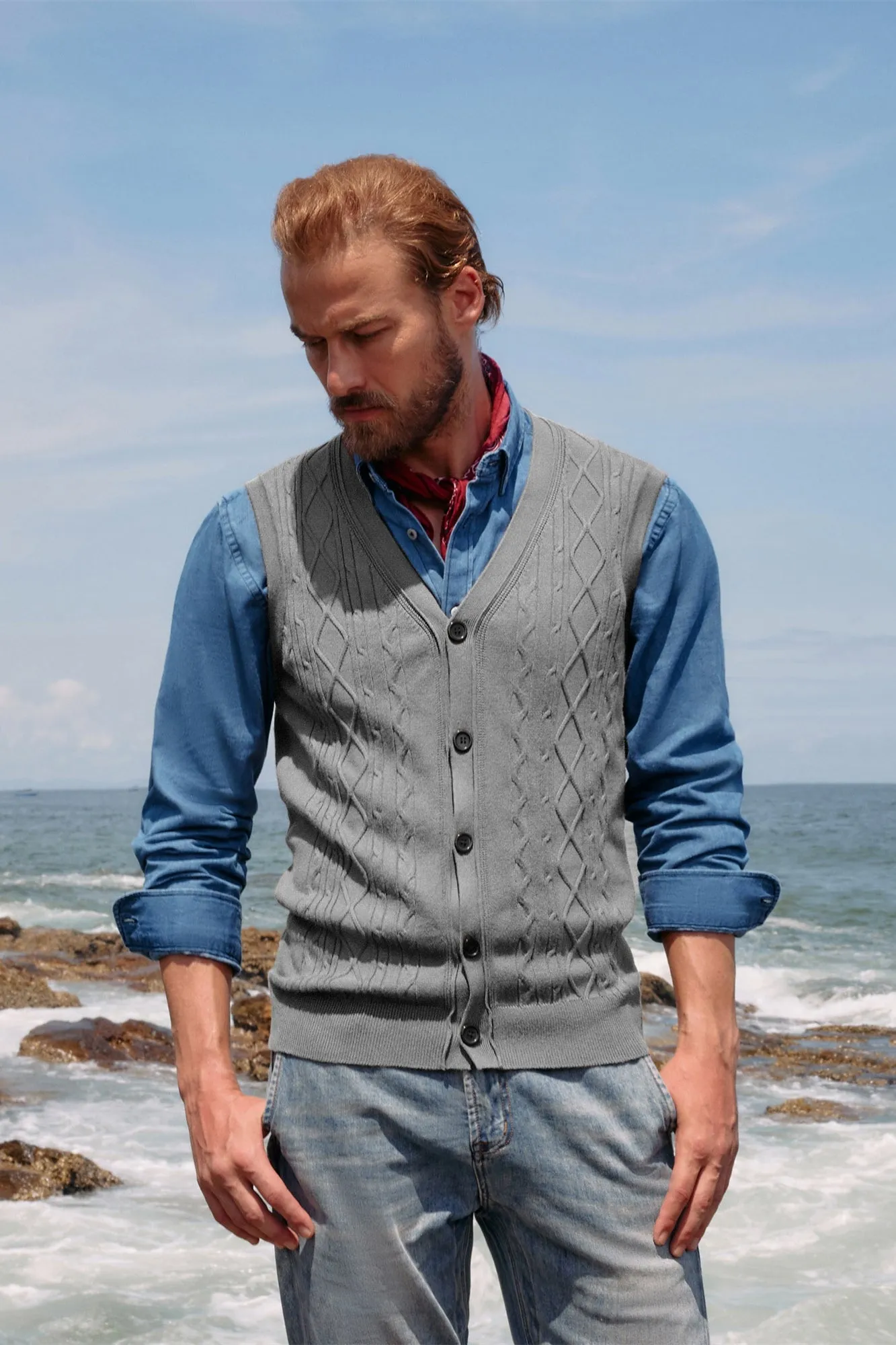 Mens V-Neck Sweater Vest Cable Knitted Button-Up Sleeveless Cardigan Vest