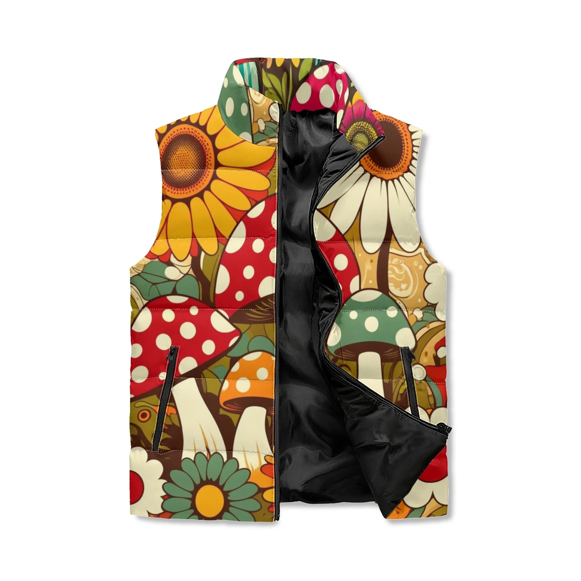 Merry Mushrooms Groovy Retro Puffer Vest, Retro Fun And Funky Style