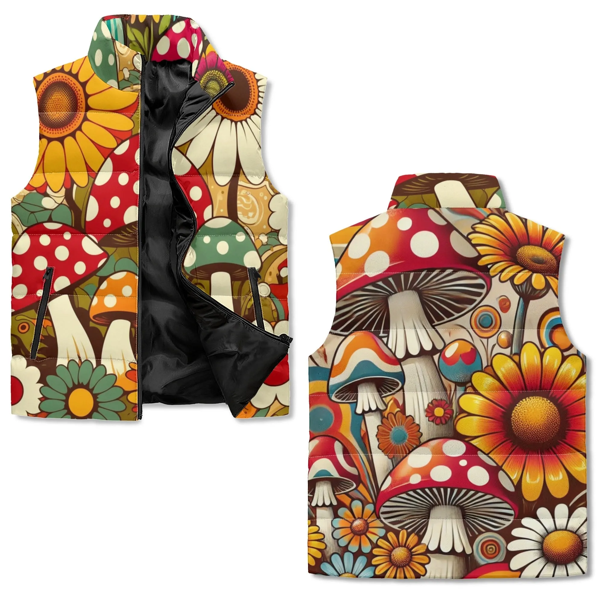 Merry Mushrooms Groovy Retro Puffer Vest, Retro Fun And Funky Style