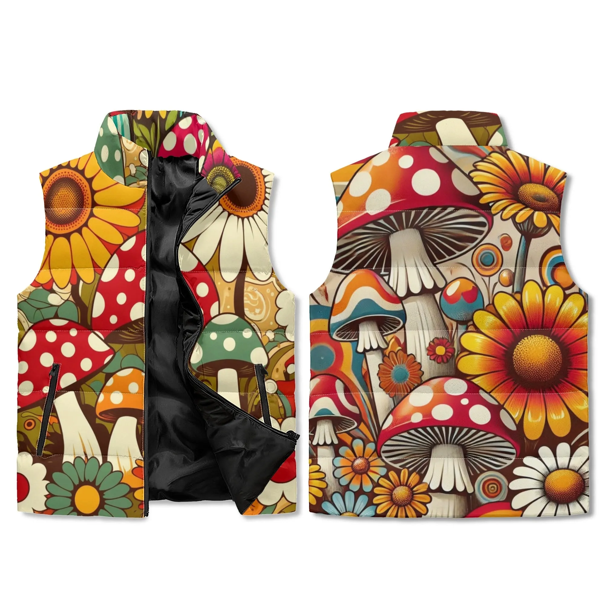 Merry Mushrooms Groovy Retro Puffer Vest, Retro Fun And Funky Style