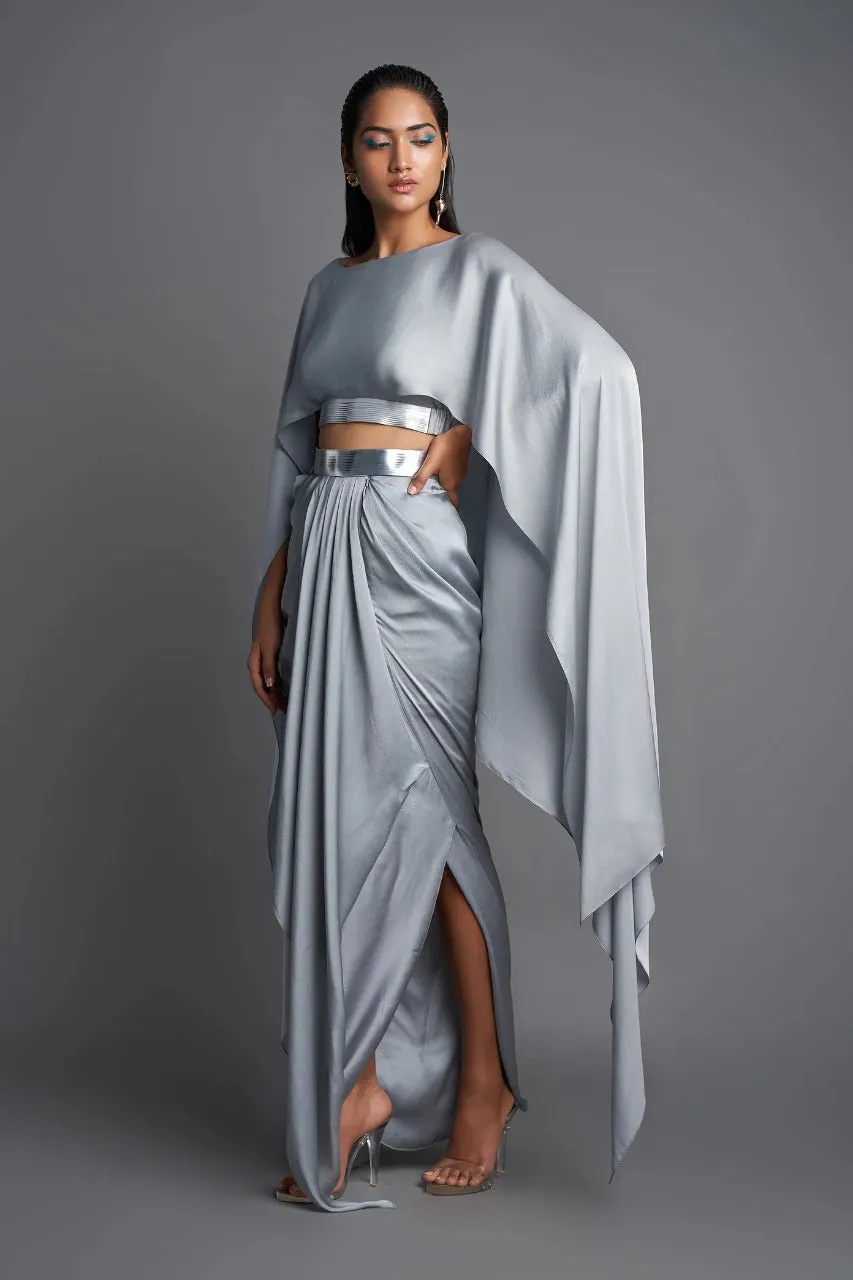 Metallic Grey Top With Draped Skirt