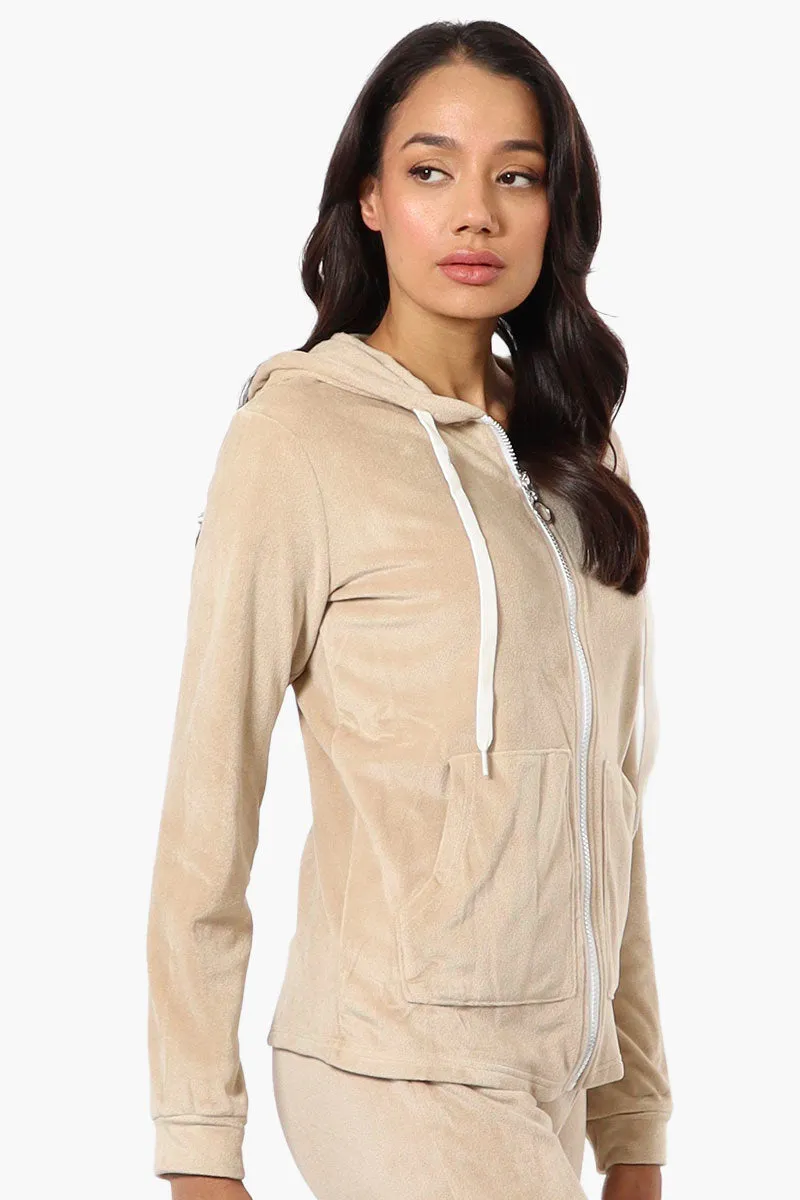 Mikk Hooded Velour Plush Pajama Top - Beige