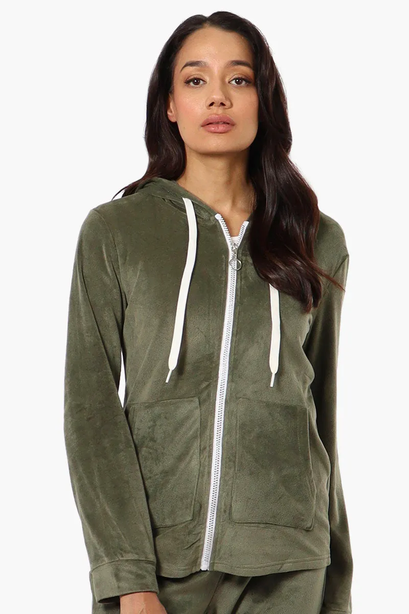 Mikk Hooded Velour Plush Pajama Top - Olive