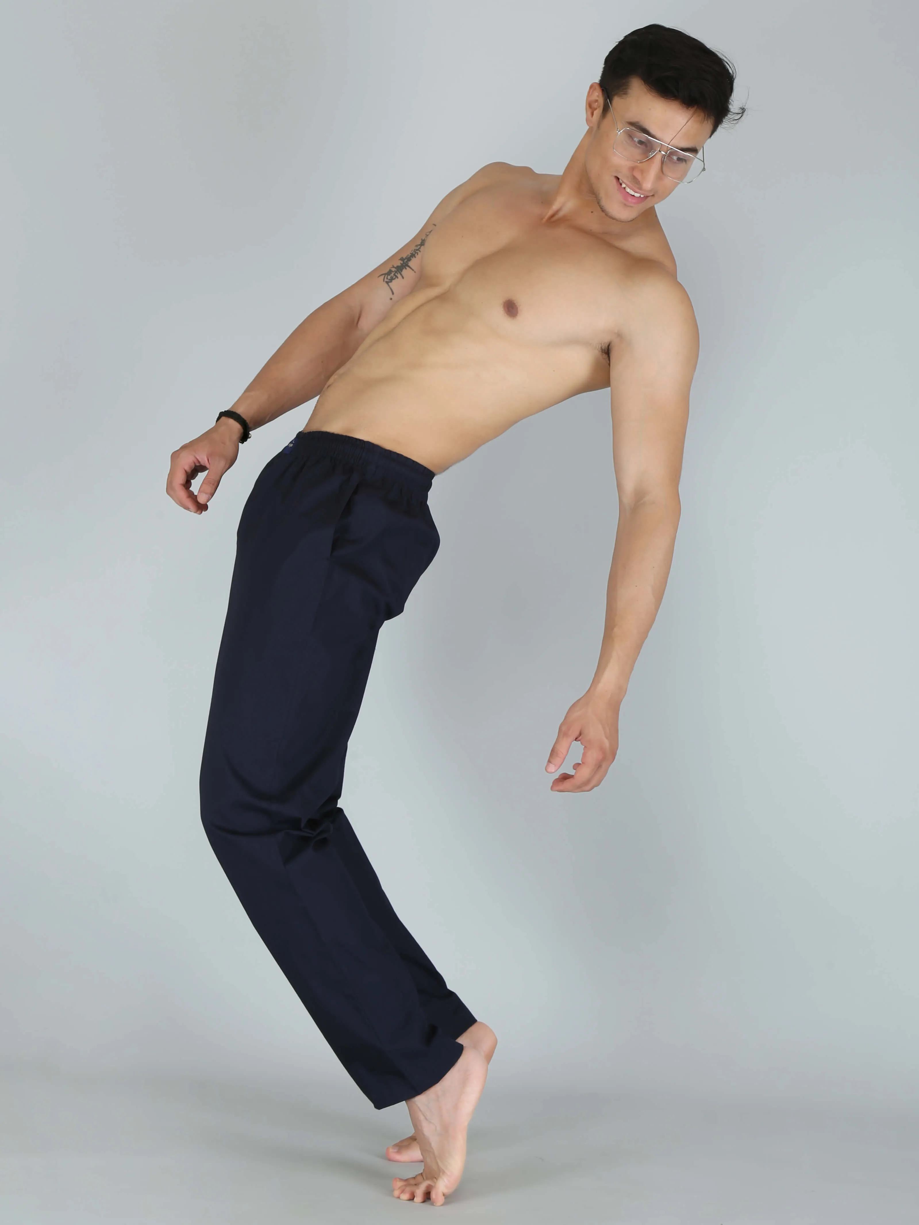 Navy Blue Solid Pure Cotton Pajamas For Men