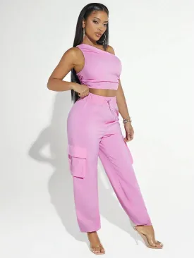 One Shoulder Crop Top And Flap Pocket Cargo Pants