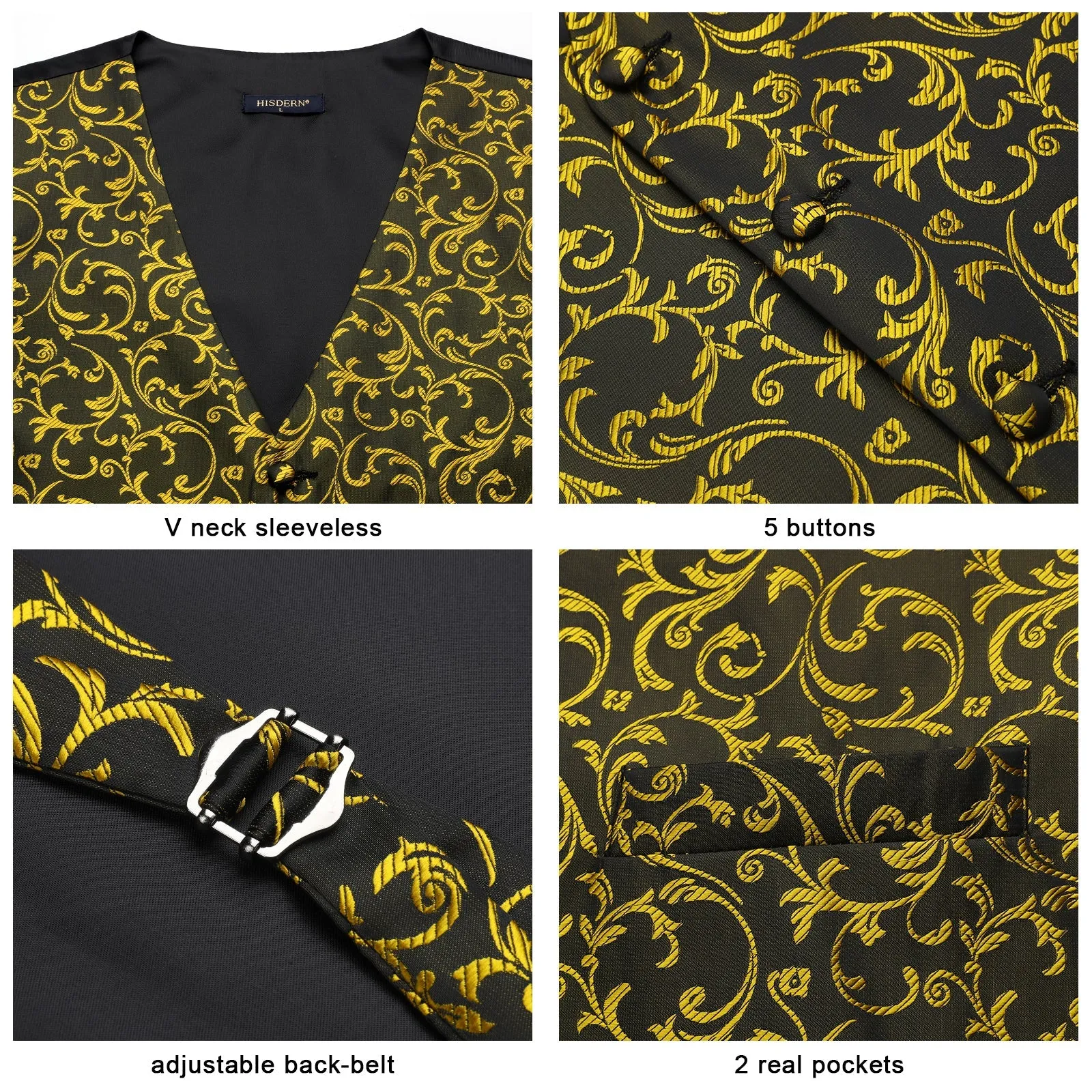 Paisley Floral 3pc Suit Vest Set - BLACK/GOLD-NEW