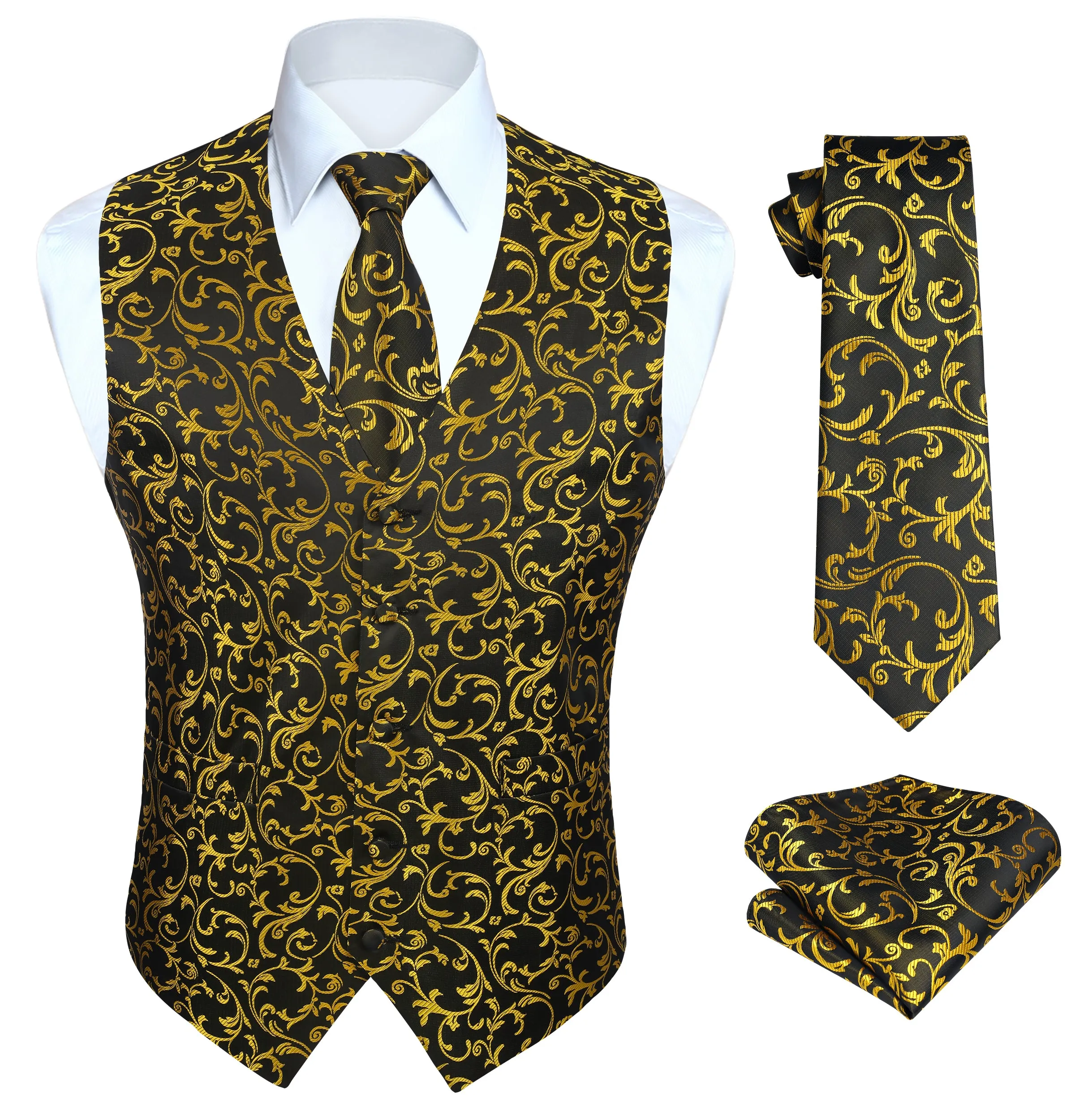 Paisley Floral 3pc Suit Vest Set - BLACK/GOLD-NEW