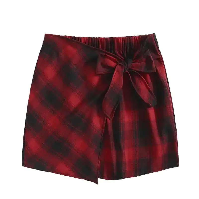 Plaid Printed Asymmetric Skirt