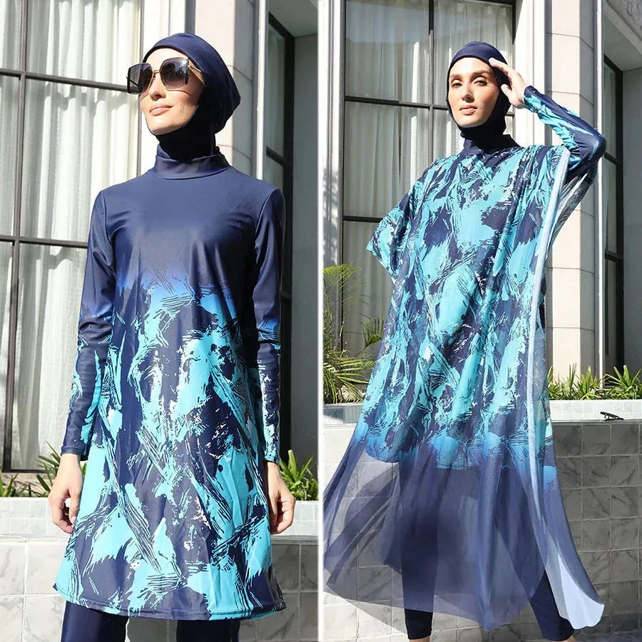 Plus Size 4PCS Burkini Muslim Woman Swimsuit with Full Cover Hijab