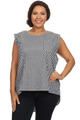 Plus Size Black Gingham Plaid Cap Sleeve Hi-Lo Top