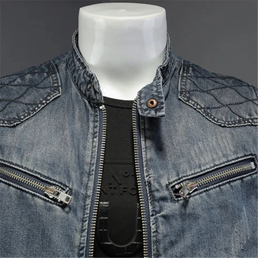 Punk Men's Denim Sleeveless Ripped Slim Fit Mandarin Collar Hip-Hop Jean Vest