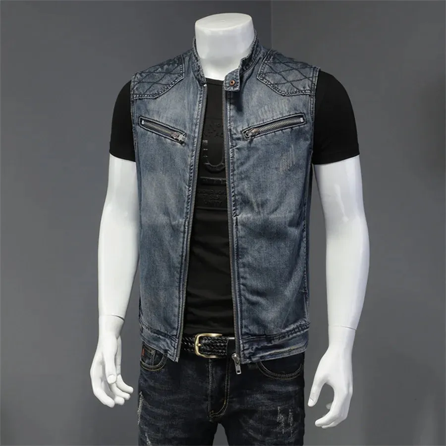 Punk Men's Denim Sleeveless Ripped Slim Fit Mandarin Collar Hip-Hop Jean Vest