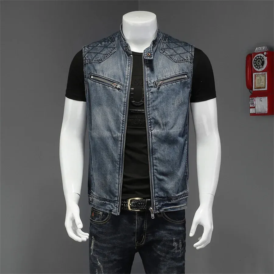 Punk Men's Denim Sleeveless Ripped Slim Fit Mandarin Collar Hip-Hop Jean Vest