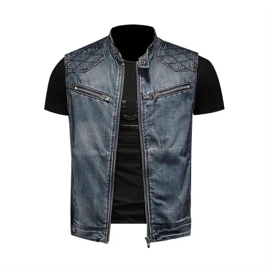 Punk Men's Denim Sleeveless Ripped Slim Fit Mandarin Collar Hip-Hop Jean Vest