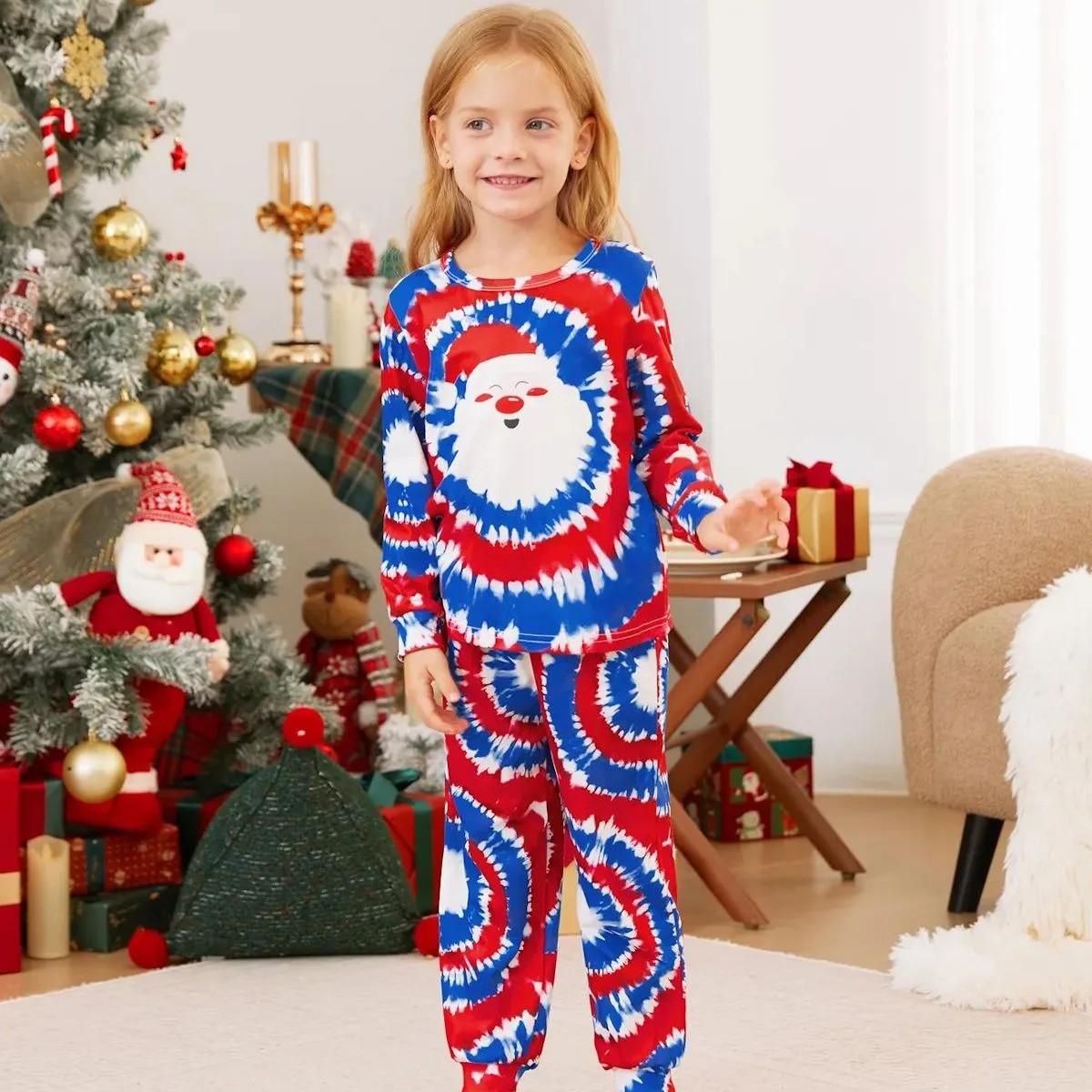 Red and Blue Tie Dye Santa Claus Pajamas for Family