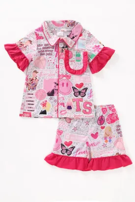 Red music fan print ruffle girl pajamas set