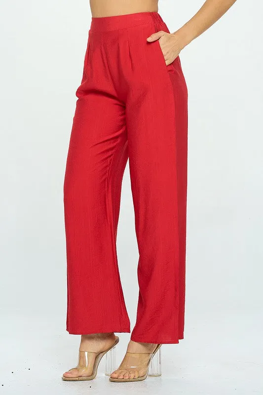 Red Solid Wide Leg Pants With Elastic Waist