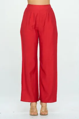 Red Solid Wide Leg Pants With Elastic Waist