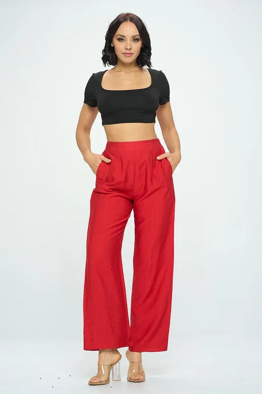 Red Solid Wide Leg Pants With Elastic Waist