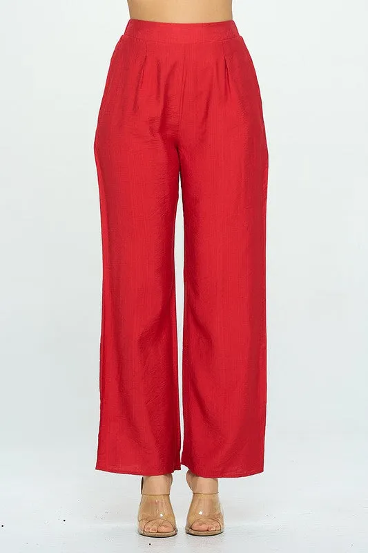 Red Solid Wide Leg Pants With Elastic Waist