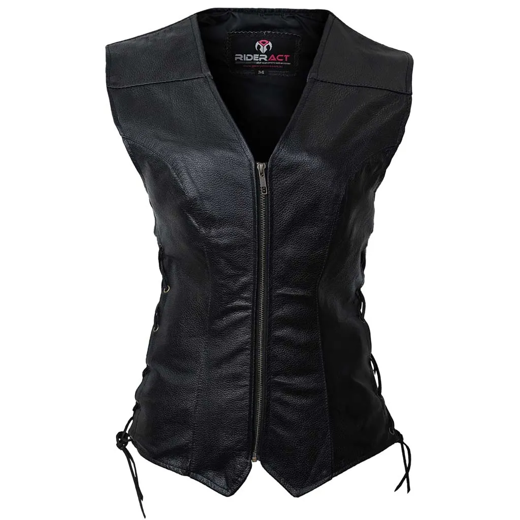 RIDERACT® Women Leather Motorcycle Vest Anna Zippered & Adjustable