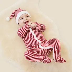 Ruby Stripe Ribbed Clever Zip Baby Pajamas & Elf Hat