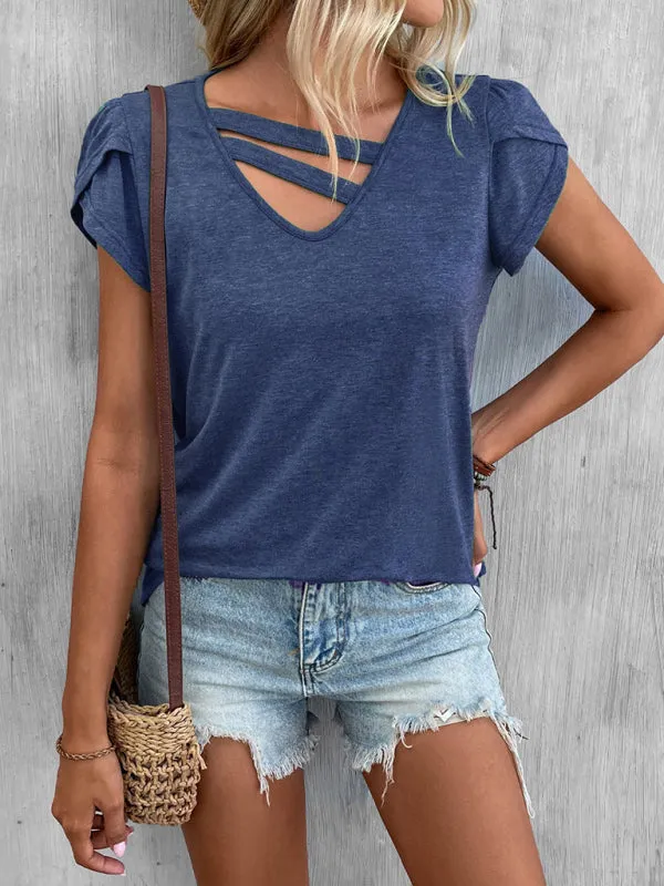 Solid Color V-Neck Petal Sleeve Loose T-Shirt