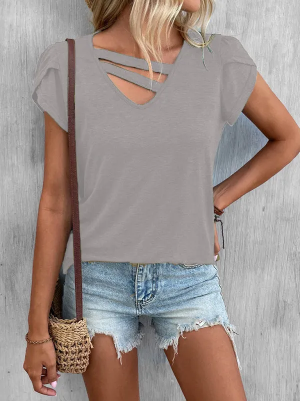 Solid Color V-Neck Petal Sleeve Loose T-Shirt