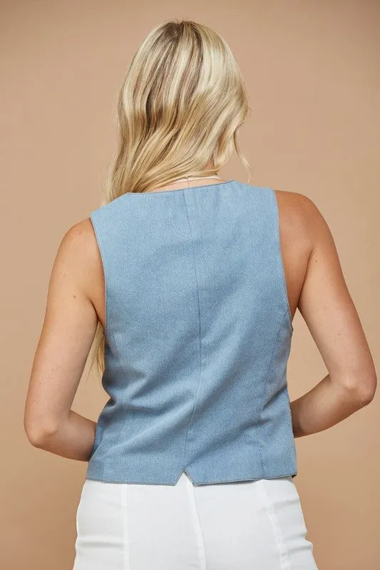 Structured Denim Vest with a Fitted Waistline